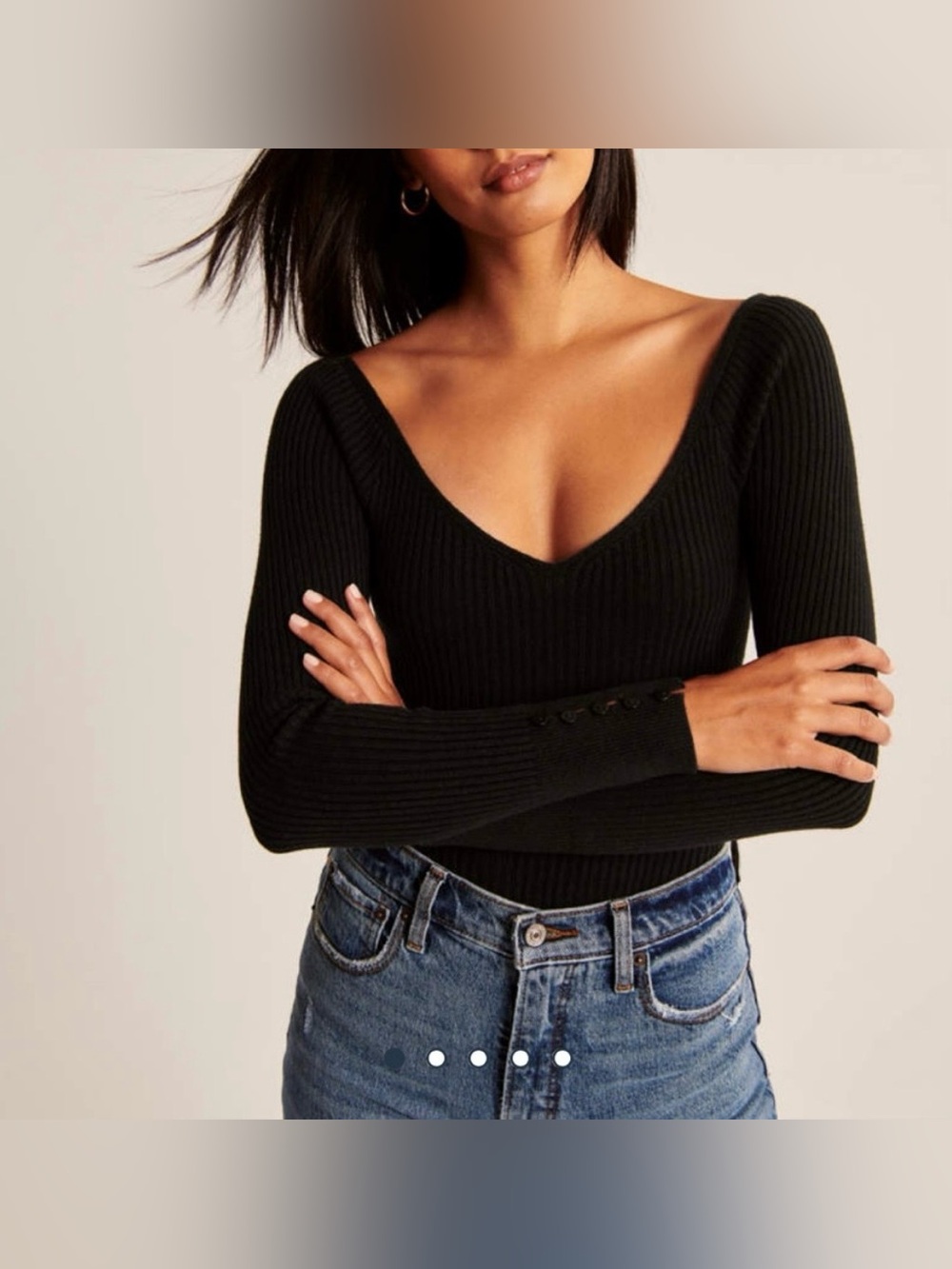 Abercrombie & Fitch Black Ribbed Bodysuit Small Long Sleeve Thong Button Sleeve